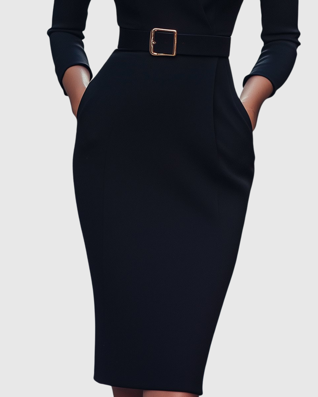 Front view of refined midi dress showcasing mock wrap neckline and structured shoulder design