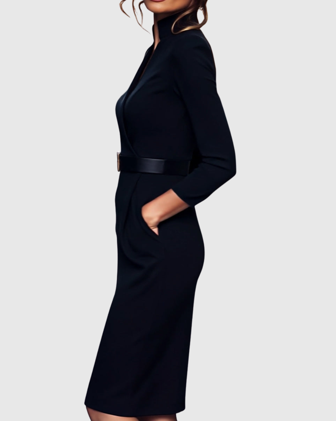 Woman styling refined midi dress for office wear with pointed-toe heels