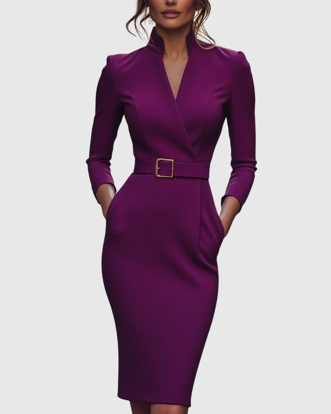 Detail shot of refined midi dress belt with square buckle at waist