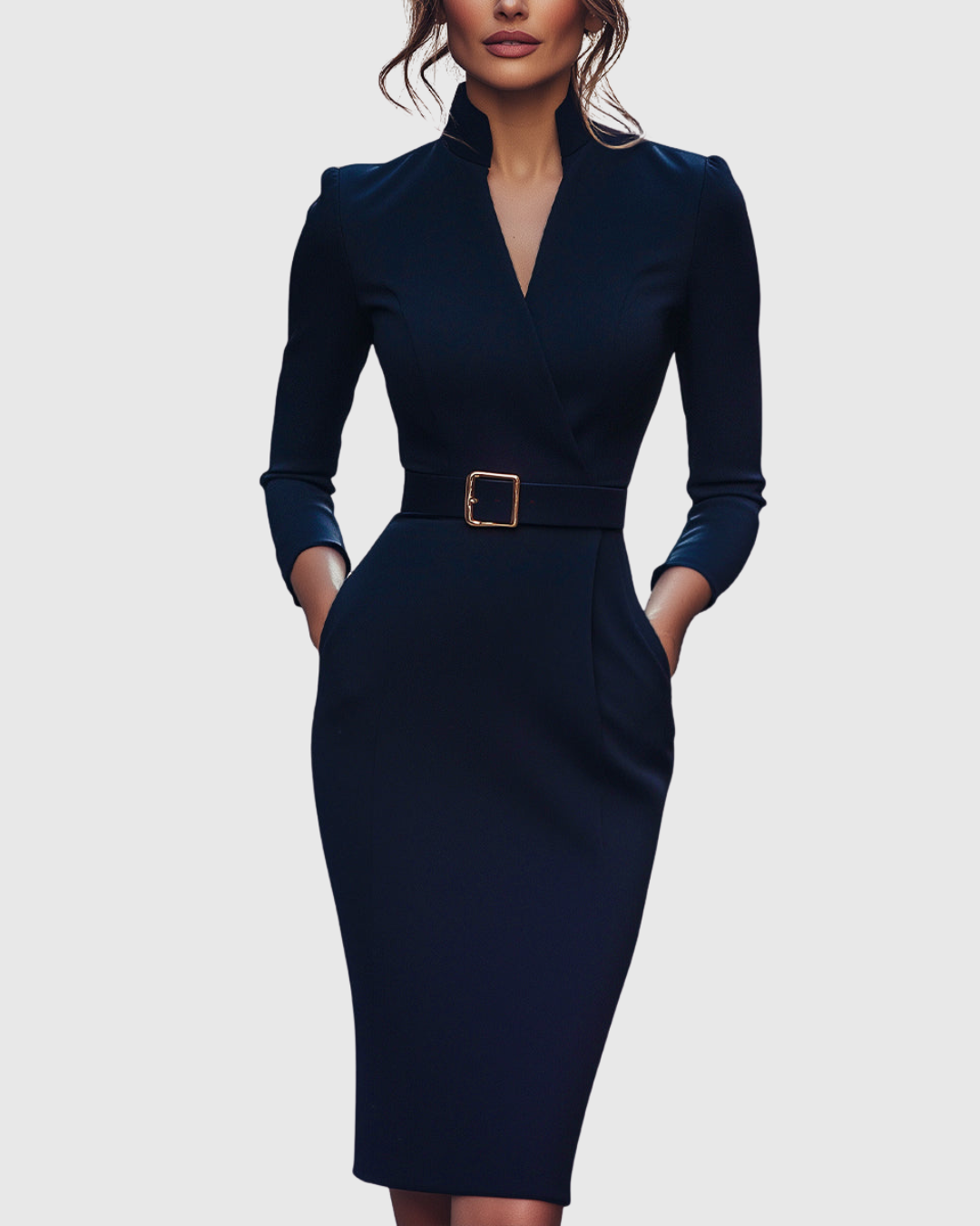 Woman wearing refined midi dress in navy blue for professional setting