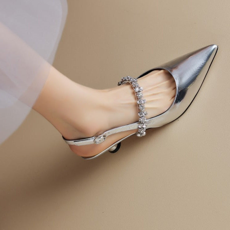 Women's Crystal Strap Slingback Heels Pointed Toe Pumps in silver metallic finish with sparkling crystal embellished instep strap