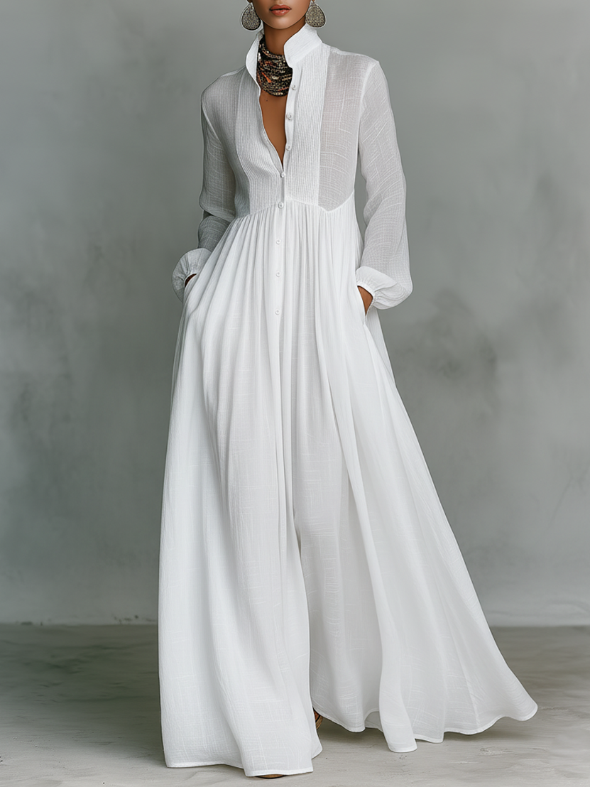 Women's Cotton Linen Maxi Dress in white with stand collar and single-breasted front closure