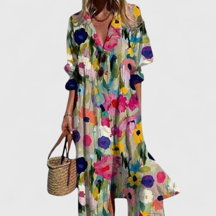 Side view showing relaxed fit and floor-length hem of button-through maxi dress
