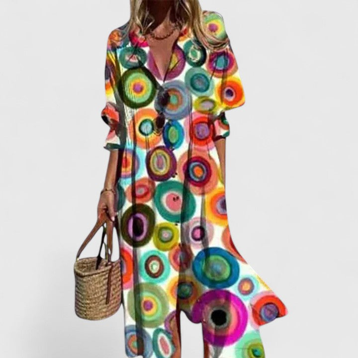 Back view of button-through maxi dress showing flowing fabric and relaxed fit