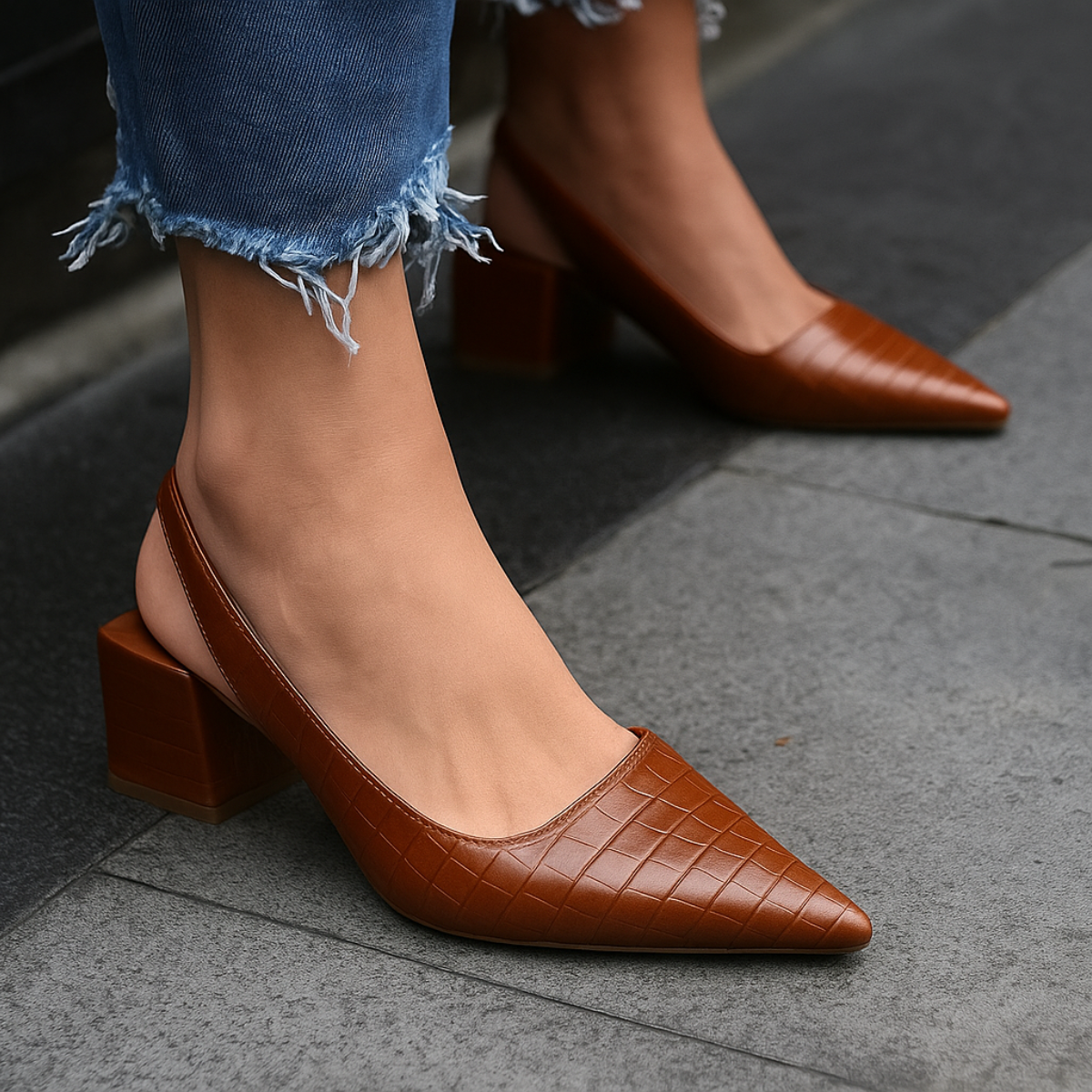 Close-up of pointed toe orthopedic heels showing smooth finish and structured silhouette