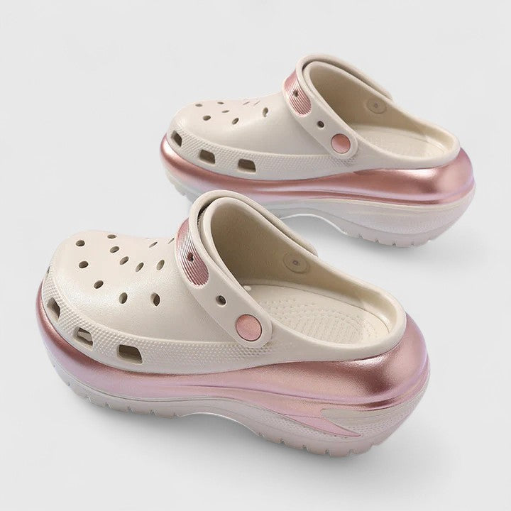 Nova women's orthopedic sandals platform clogs in cream with rose gold trim and ventilation holes
