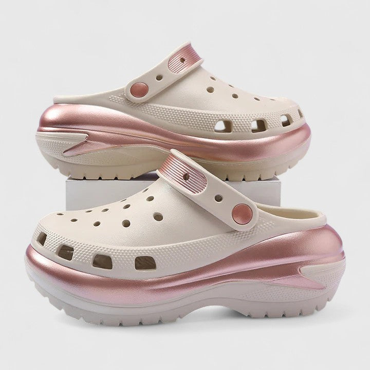 Detail of adjustable heel strap and smooth finish on platform orthopedic sandals