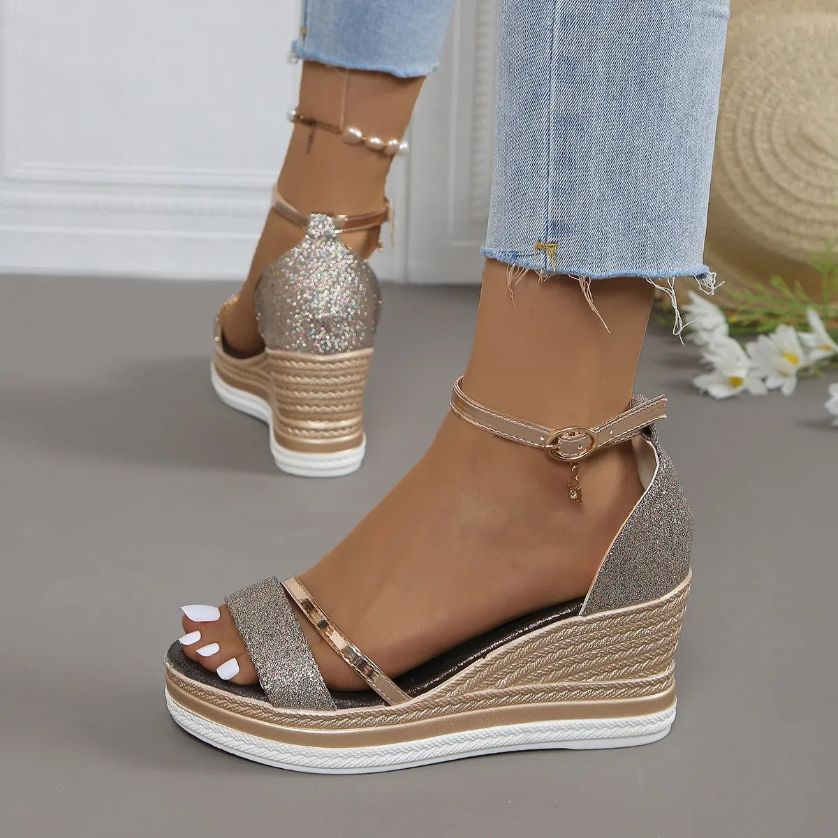 Nova womens platform wedge strap sandals with glitter straps and espadrille-wrapped wedge heel worn with jeans