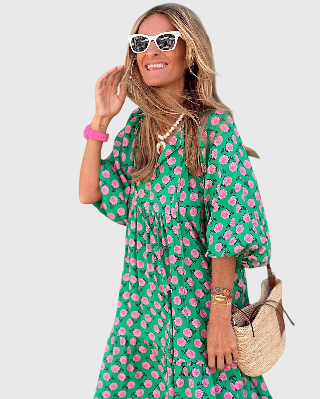 Full-length view of polka dot Boho Maxi Dress with empire waist and tiered skirt