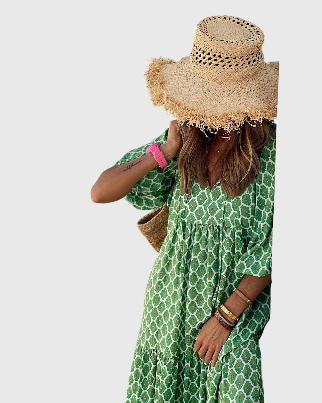 Detail of gathered cuff and woven fabric texture on Boho Maxi Dress