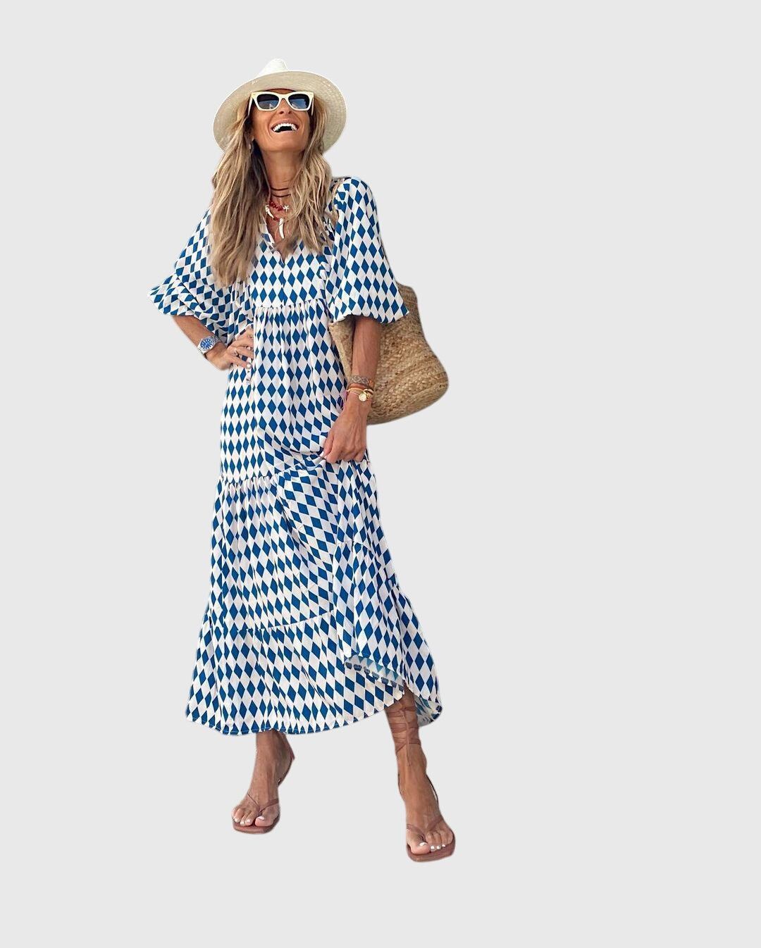 Close-up of polka dot pattern and smooth fabric finish on Boho Maxi Dress