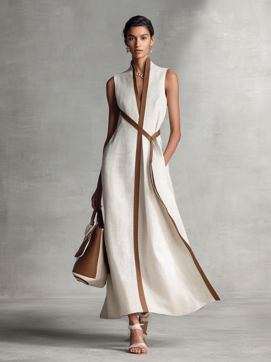 Sleeveless elegant maxi dress with flowing A-line silhouette and brown contrast trim on model