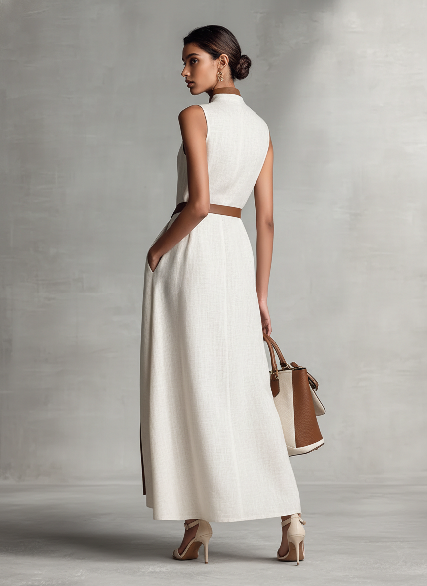 Full-length view of elegant maxi dress showing A-line shape and sleeveless design for summer