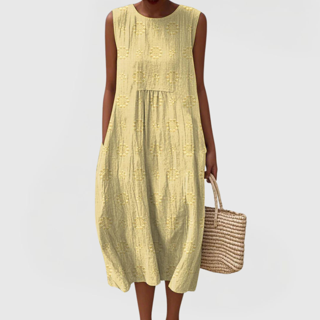 Full-length view of relaxed fit linen midi dress with functional side pockets