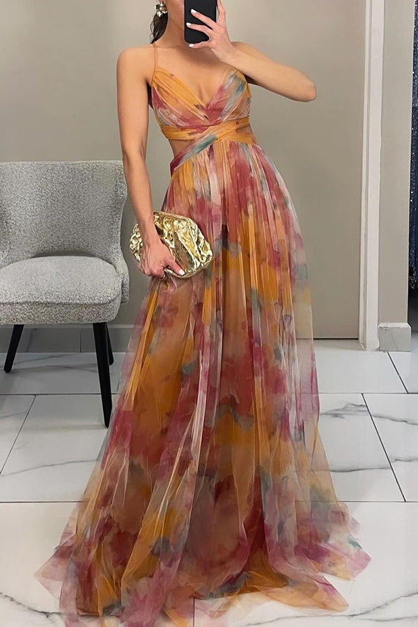 Back view of floral print maxi dress showing concealed closure and flowing skirt movement