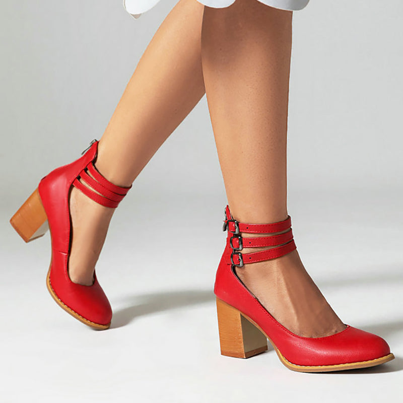 Women's smooth sandals with ankle strap and thick heel in tan brown on pavement