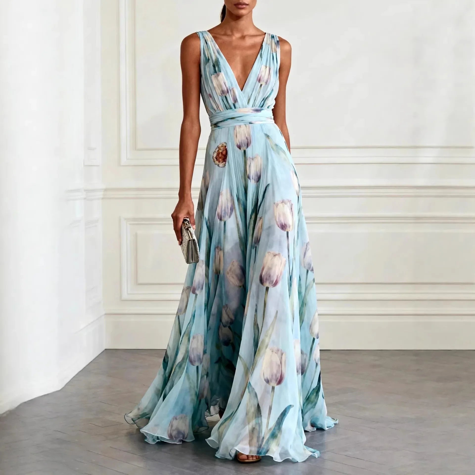 Riley floral maxi wedding guest dress with deep V-neckline and tulip print in flowing silhouette