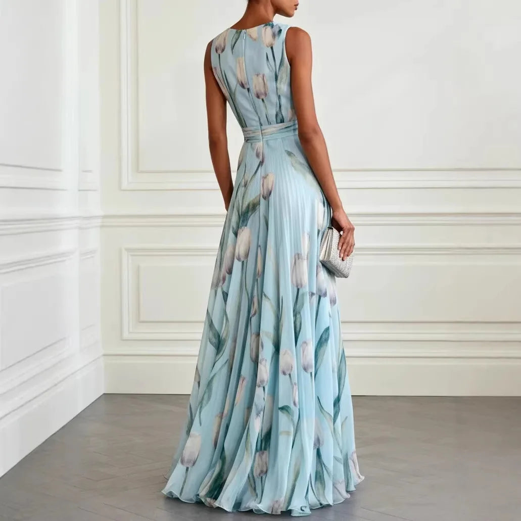 Full-length floral maxi dress with floor-grazing hemline and statement tulip print