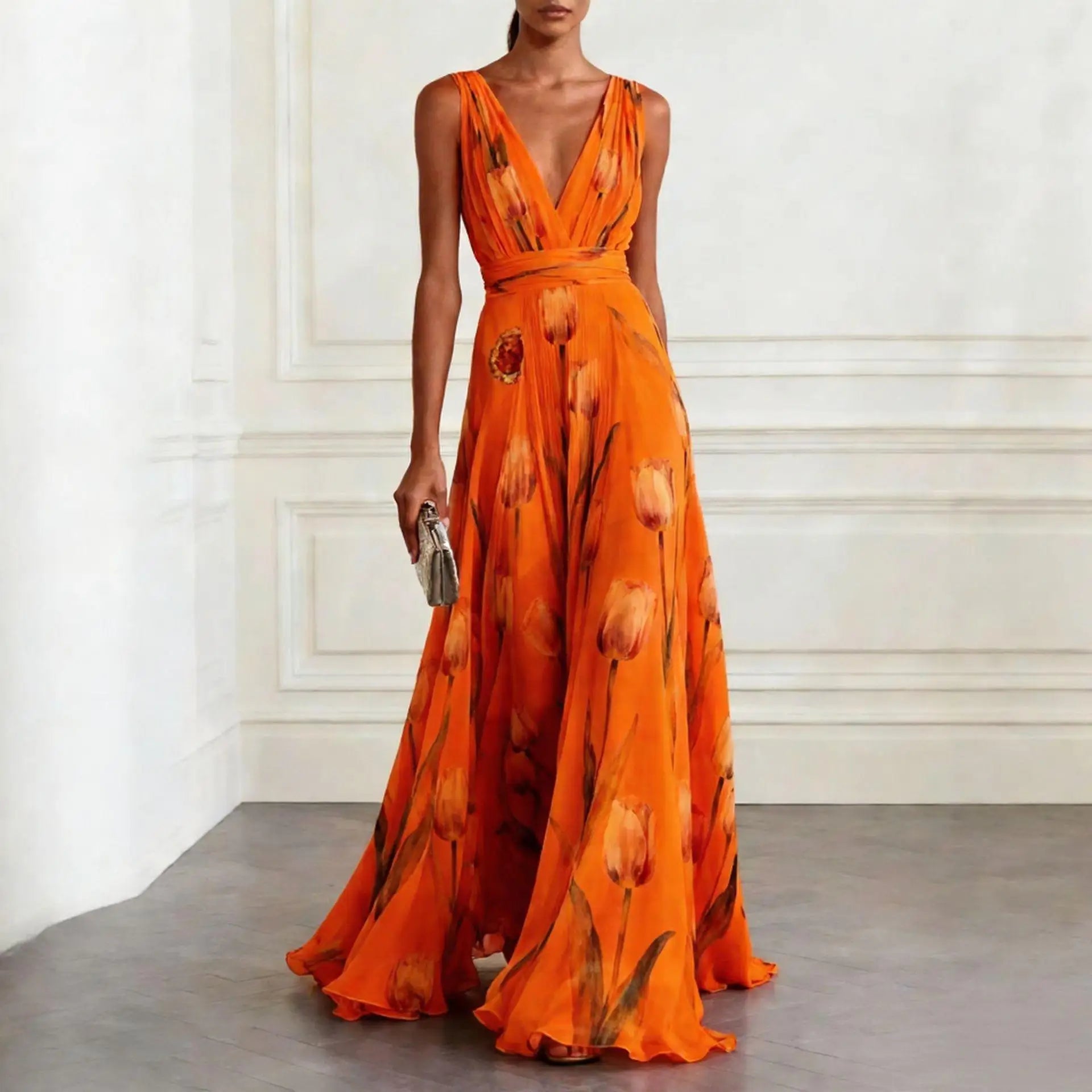 Side angle of maxi dress showing flowing A-line skirt and lightweight drape