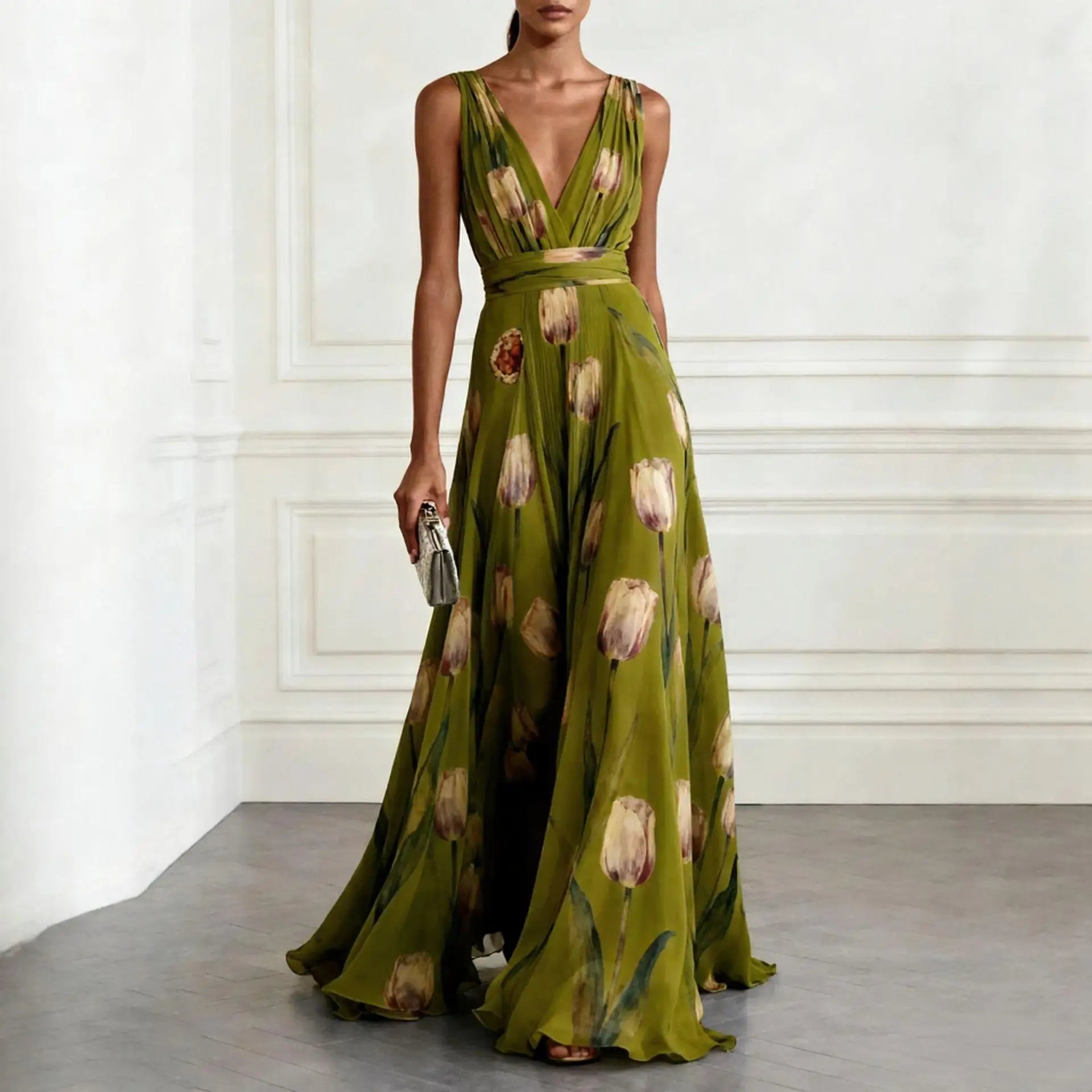Back view of sleeveless floral maxi dress with wrap waist detailing