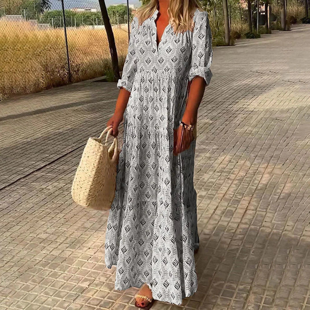 Close-up detail of boho print pattern and V-neck design on Maxi Boho Print Dress