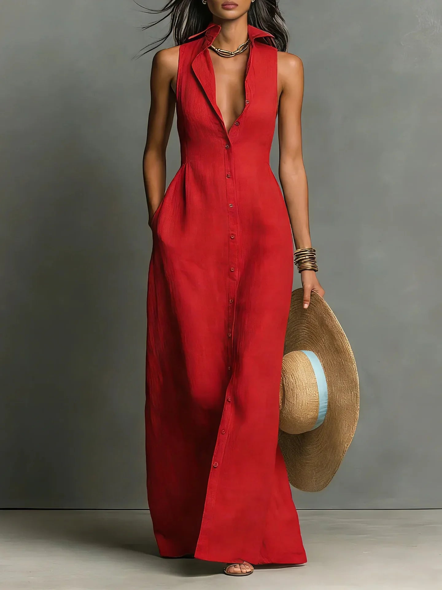 Woman wearing red Elegant Lapel Shirt Dress with sharp collar and button-through front in maxi length