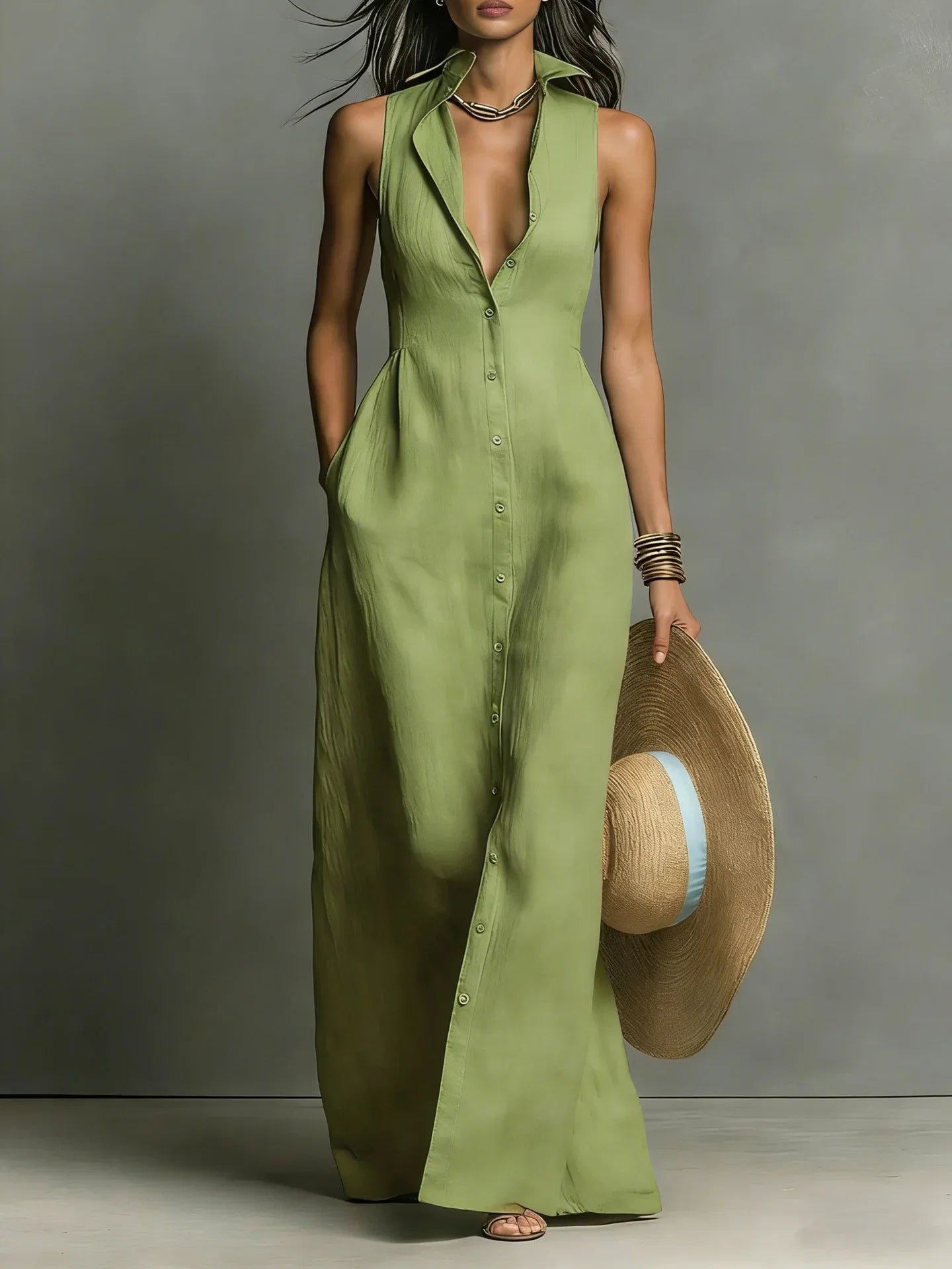 Back view of sleeveless Elegant Lapel Shirt Dress showing elongated drape and clean lines