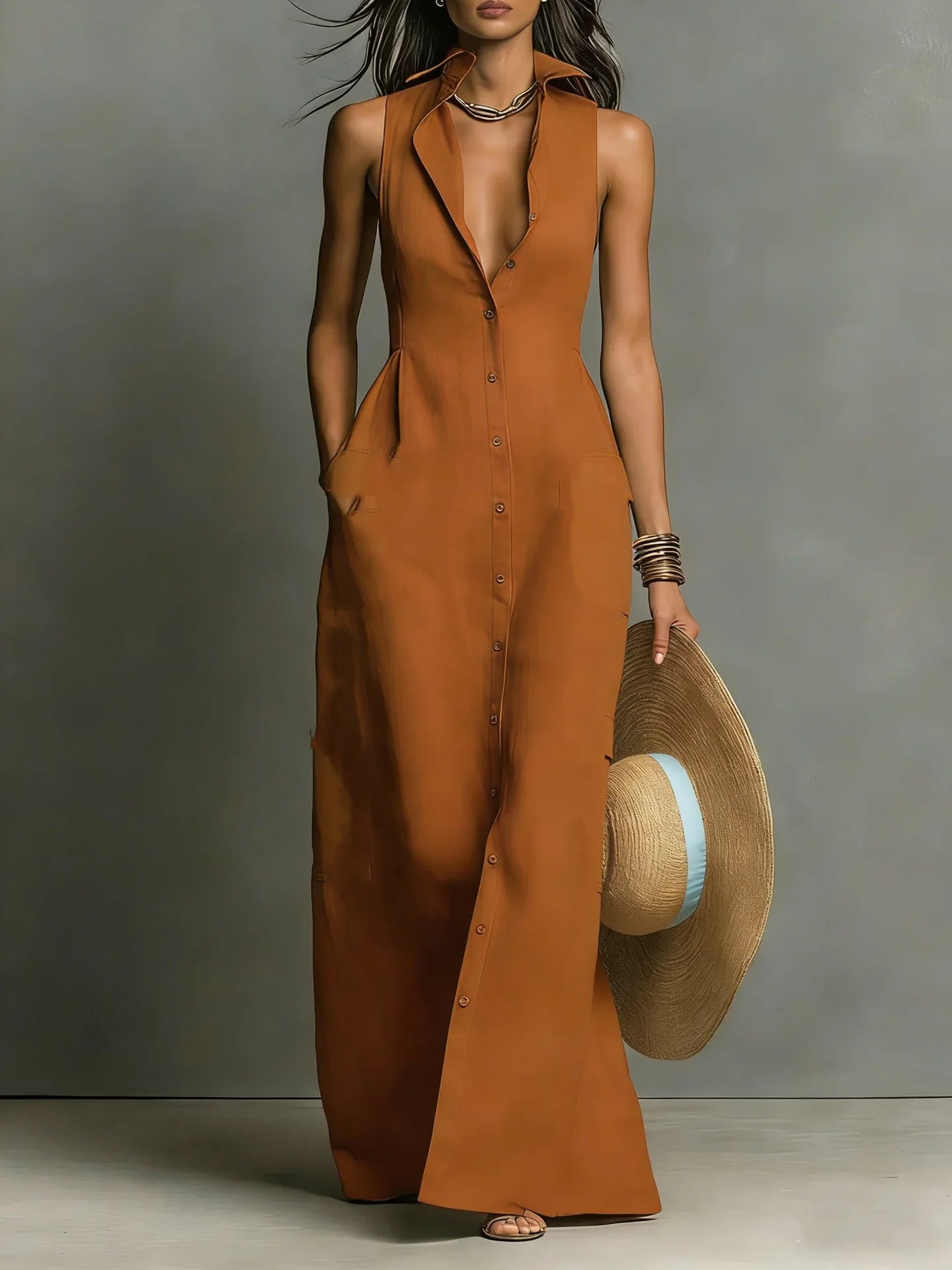Woman holding hat wearing red Elegant Lapel Shirt Dress with waist-defining structure and maxi silhouette