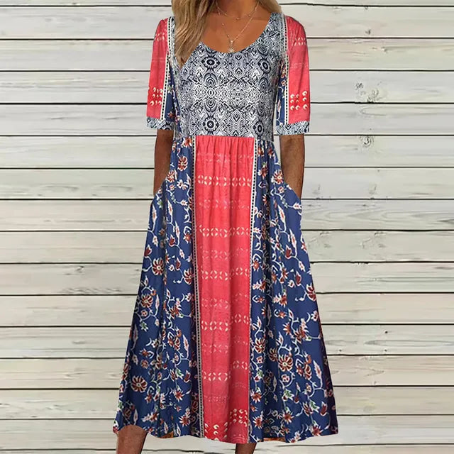 Full-length view of Boho Print Midi Dress highlighting border print at hem and relaxed fit