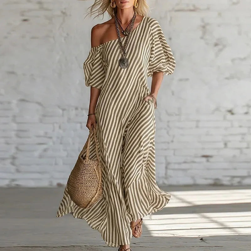 Woman styling one shoulder puff sleeve dress with woven bag for casual summer outfit