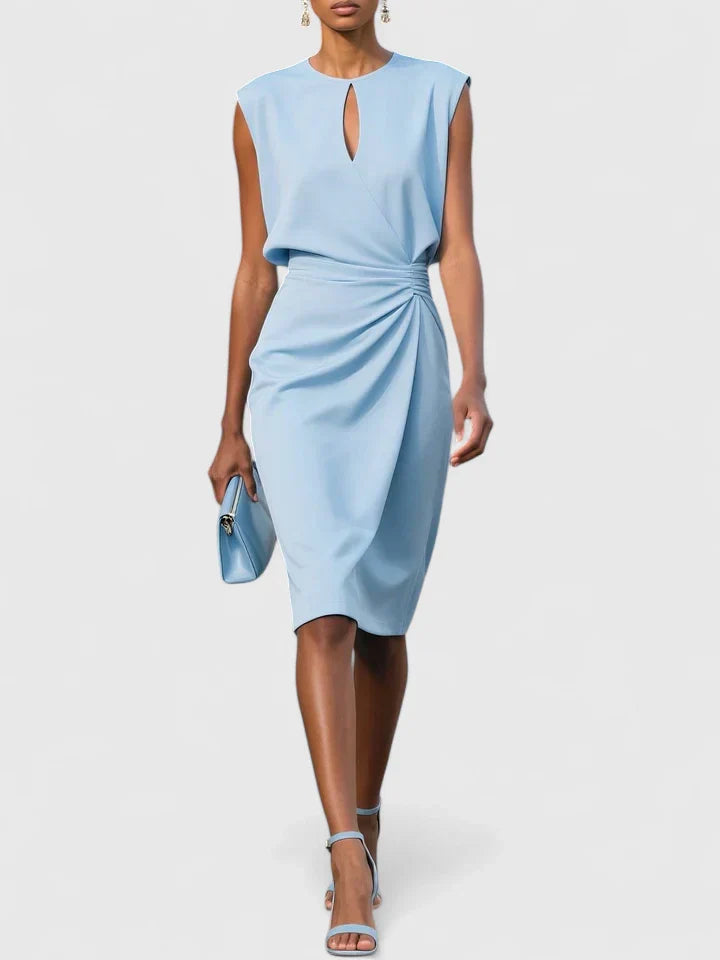 Sleeveless midi sophisticated dress featuring wrapped waist design and smooth fabric drape