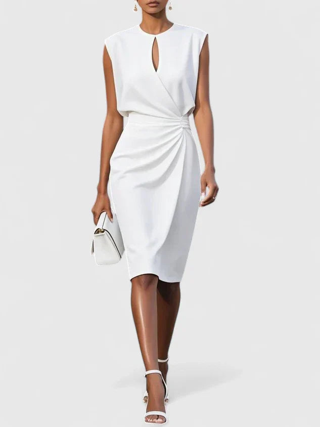 Navy blue sophisticated dress with teardrop neckline opening and side-gathered waist panel