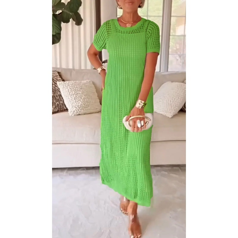 Side angle of elegant maxi dress highlighting relaxed fit and ankle-length hem