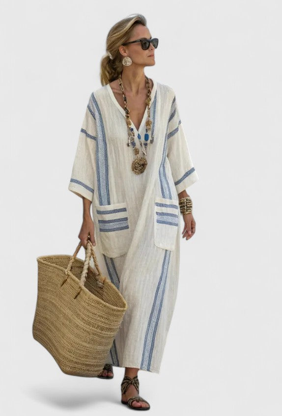 Full-length view of Boho Maxi Dress with patch pockets and vertical stripe design