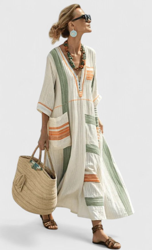 Front view of Boho Maxi Dress highlighting V-neckline and flowing caftan silhouette