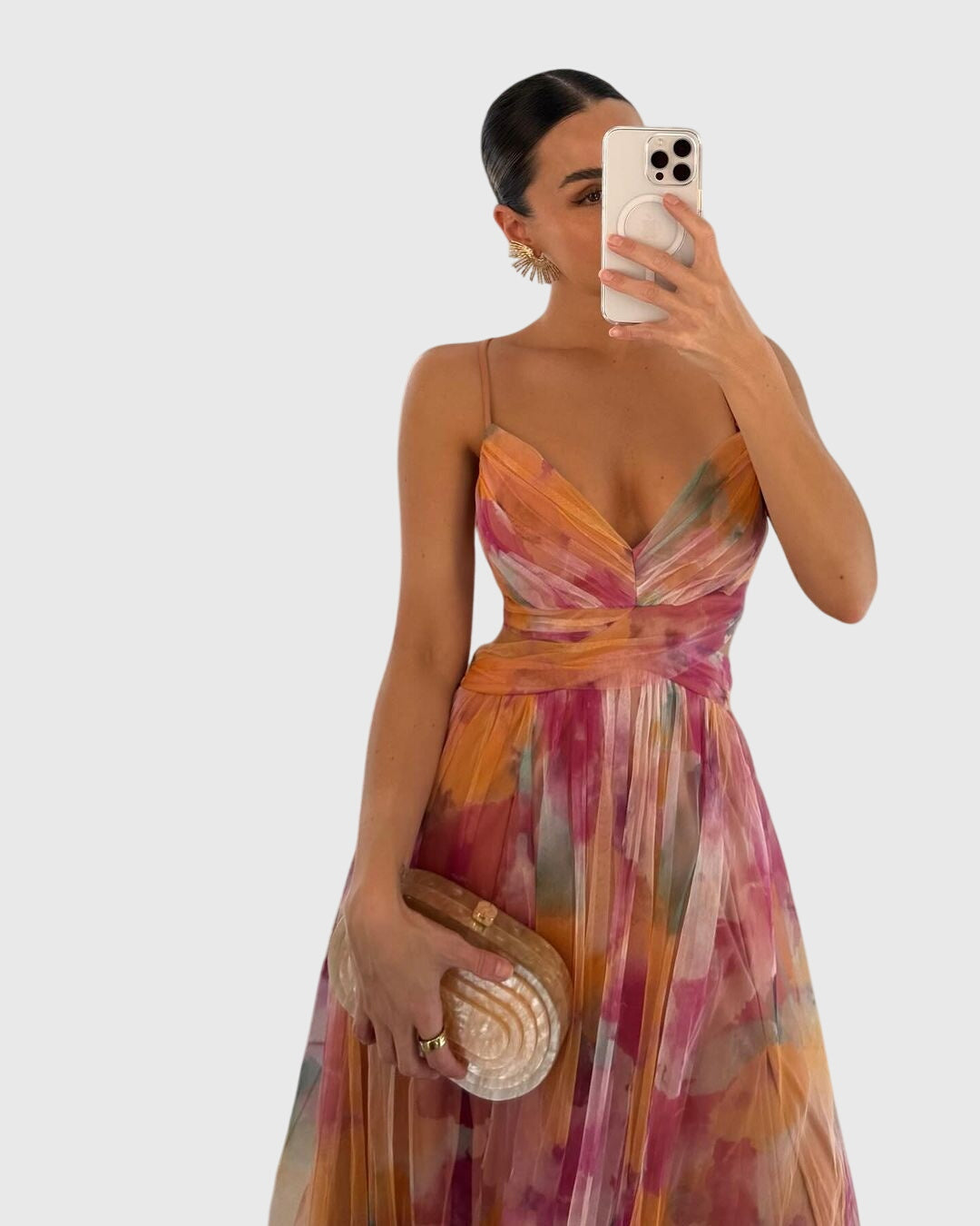 Full-length view of floral maxi dress showing flowing skirt and romantic watercolor pattern