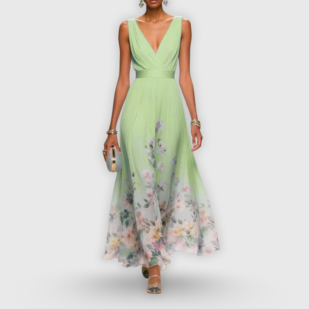 Full-length view of floral print maxi dress with V-neck and ankle-length hem