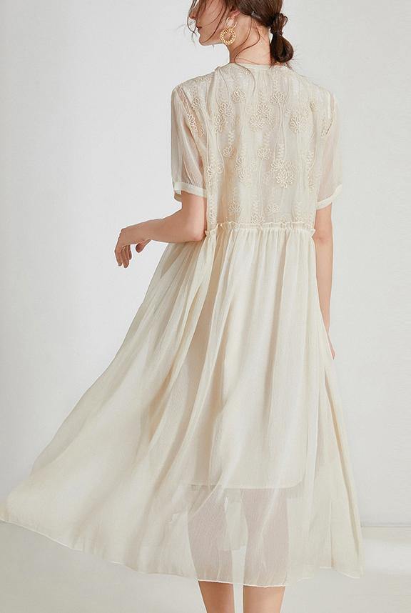 Full-length view of the Boho Chiffon Summer Maxi Dress with short sleeves and round neckline