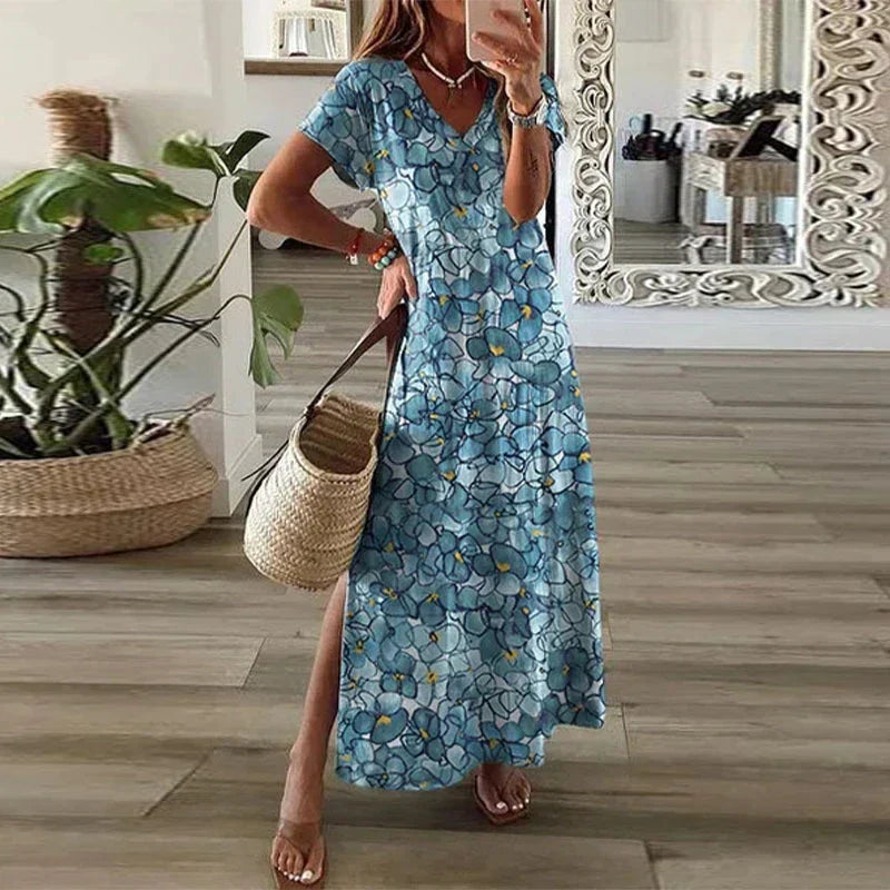 Close-up view of Women's Summer Boho Printed Maxi Dress showing decorative V-neckline trim and detailed pattern design