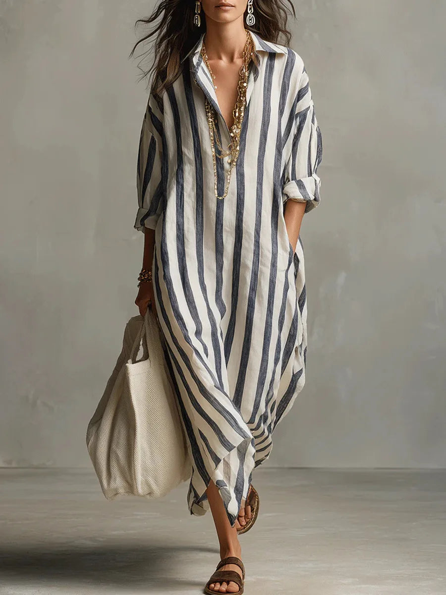 Woman wearing Linen Long Shirt Dress with vertical stripes and collared neckline in a relaxed maxi silhouette