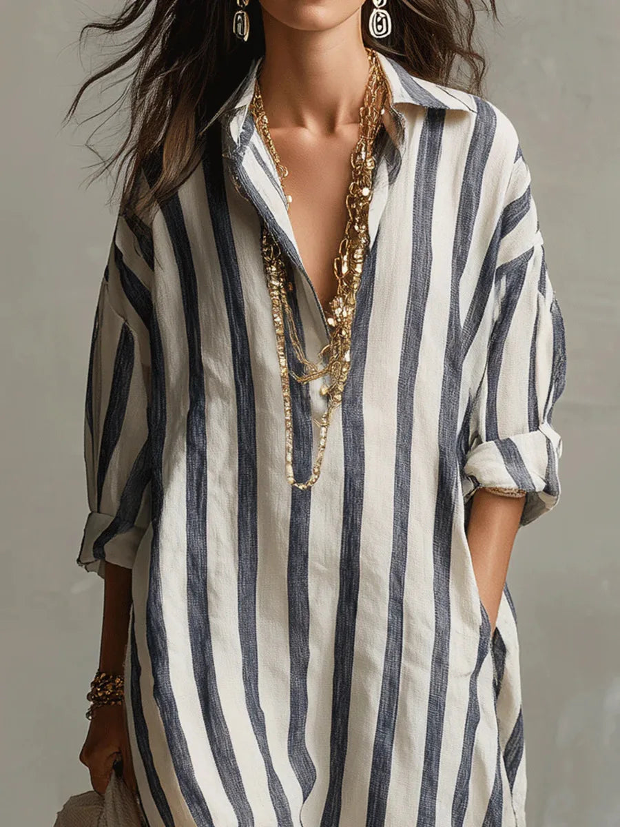 Side angle of flowing maxi Linen Long Shirt Dress with loose fit and natural drape to ankle length