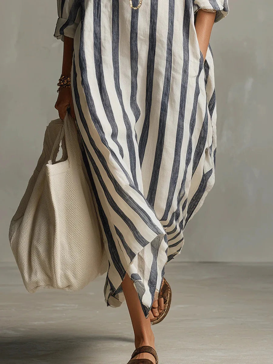Close-up detail of collared V-neckline and vertical stripe pattern on Linen Long Shirt Dress