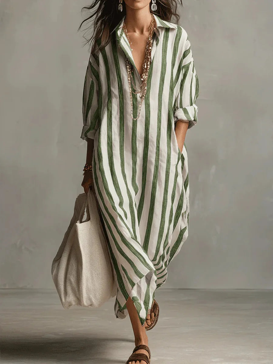 Full-length view of Linen Long Shirt Dress styled with sandals showing relaxed fit and maxi length